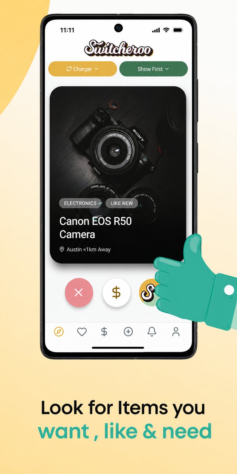 Switcheroo app — swipe to find items you want, like and need